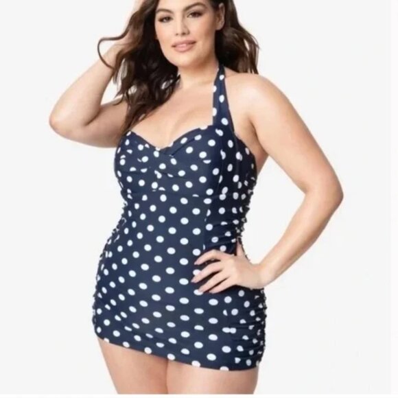 Unique Vintage Navy and White Polka Dot Swimsuit Size 3X - Picture 1 of 8